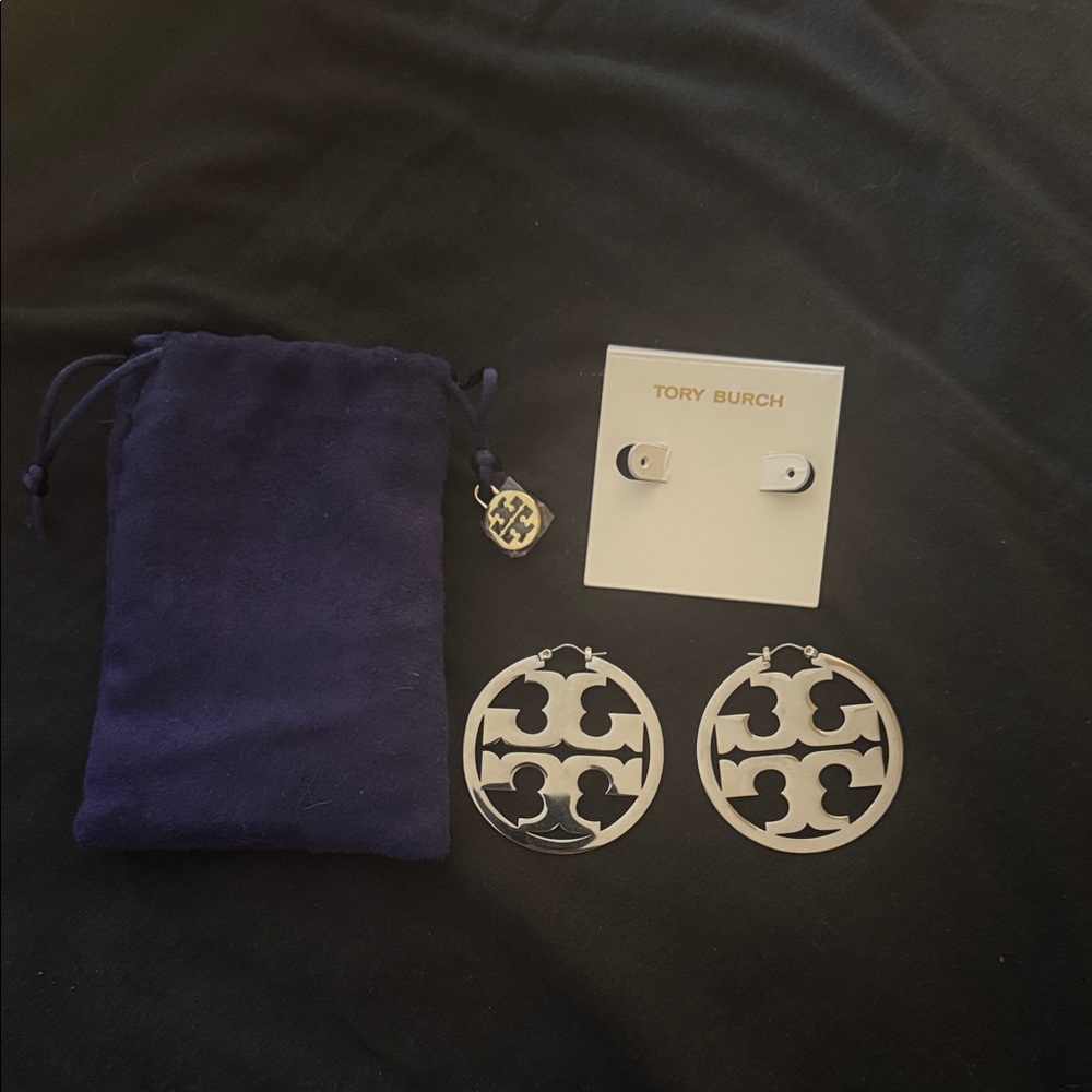 Tory Burch Silver Logo Hoop Earrings